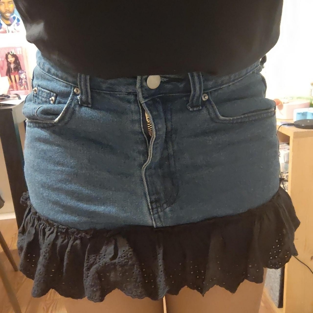 Denim Mini Skirt with Black Ruffle Hem